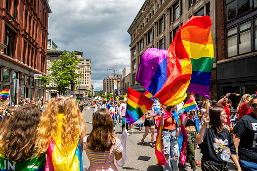 Portland ME - June 18, 2022: people took part in the Portland ME Gay Pride parade to support gay rights, Maine, USA