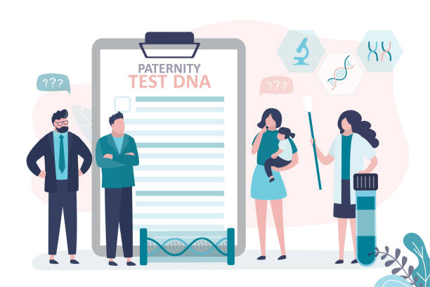 Stupid girl does not know who is father of her daughter. Paternity testing, concept. Genetic laboratory, Woman doctor doing DNA research, test results. DNA testing report. Stupid girl does not know who is father of her daughter. Paternity testing, concept. Genetic laboratory, Woman doctor doing DNA research, test results. DNA testing report. Partnership. flat vector paternity stock illustrations