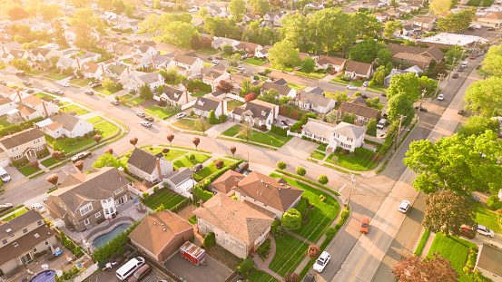 Typical American suburban neighborhood as seen from above overhead view.