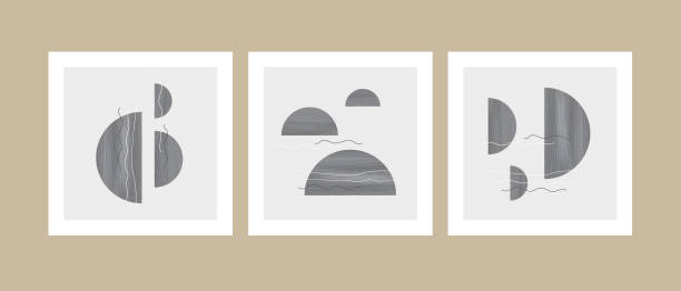 Three framed abstract pastel gray simple minimalist semicircles vector poster wallart set vector art illustration