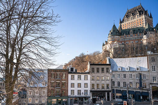 View of lower Quebec City in Canada with historic architecture in view.