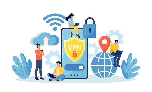 Virtual Private Network. People Using VPN Technology System to Protect his Personal Data in Smartphone, Computer. Secure Network Connection and Privacy Protection. Cyber Security, Traffic Encryption