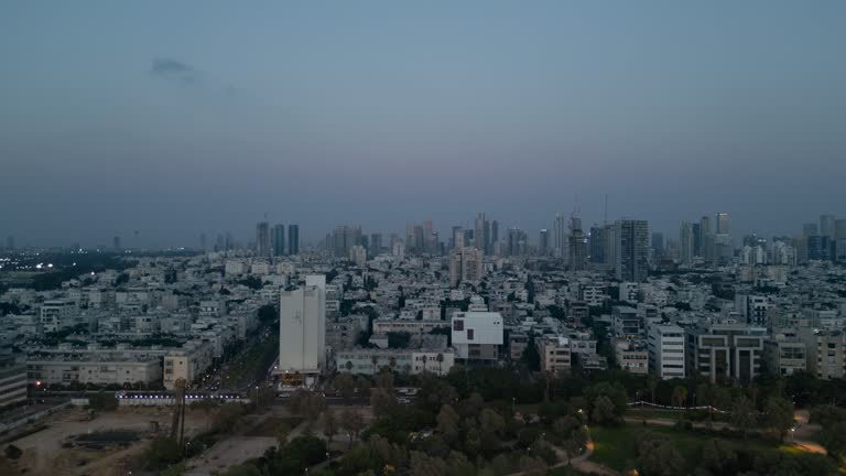 Aerial 50p footage of the waterfront of Tel Aviv - Yafo  at afternoon and dusk in summer