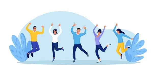 Vector illustration of Happy laughing people jumping with raised hands. Cheerful and active students. Group of diverse exciting people. Business people celebrating victory. Happiness emotions