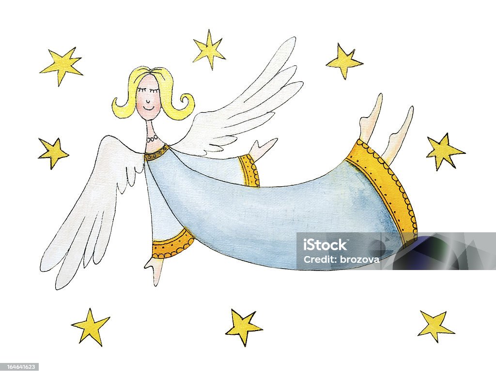Anjo com estrelas, desenho de criança, Pintura em Aquarela sobre papel - Royalty-free Anjo Ilustração de stock
