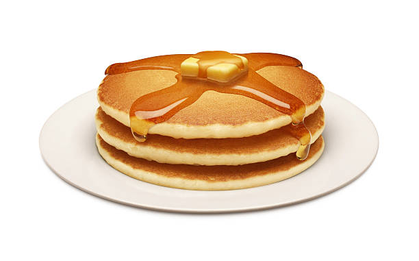 Plate of Golden Pancakes and Syrup Stack of three golden pancakes and syrup, with a pad of butter melting, on a white ceramic plate.  Pancakes are a fan flat cake of batter usually fried and turned in a pan.  Usually served for breakfast, but they can be served at other times of the day. The image is shown at an angle, and is in full focus from front to back. The image is isolated on a white background, and includes a clipping path. pancake stock pictures, royalty-free photos & images