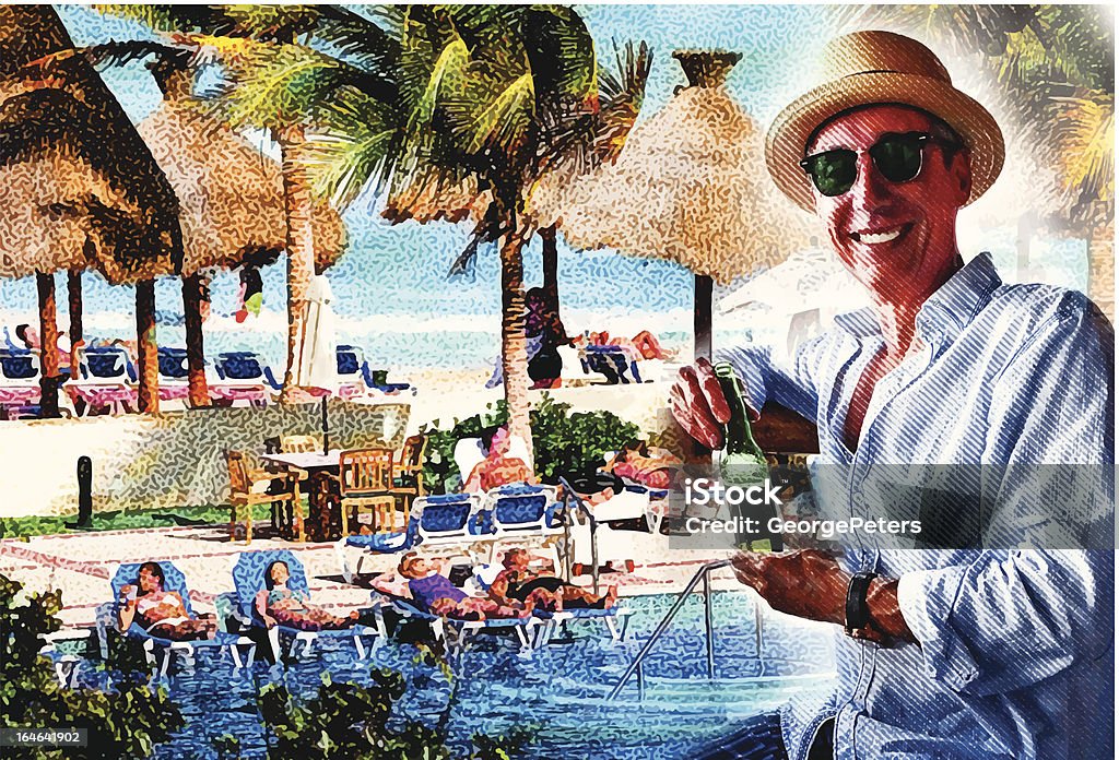 Hombre disfrutando de la piscina del Resort y la playa - arte vectorial de Montaje - Imagen compuesta libre de derechos