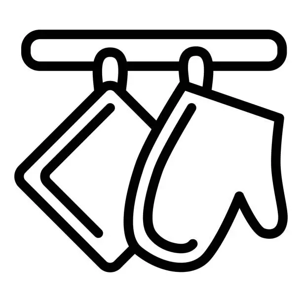 Vector illustration of Oven-glove and potholder line icon, Kitchen accessory concept, Heat protective home textile sign on white background, Oven mitt and potholder on rack in outline. Vector graphics.