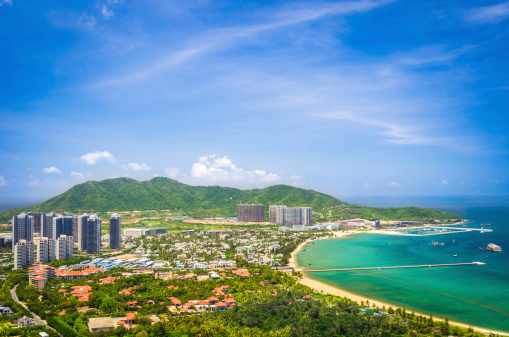 Panoramic view of Sanya city and bay from Luhuitou Park.