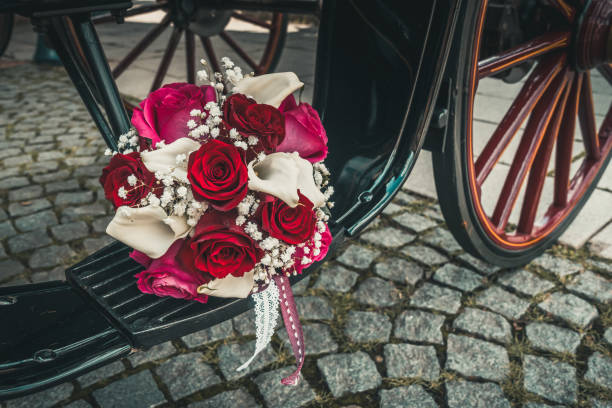 bukiet ślubny z czerwonymi, różowymi i białymi różami i białymi kaliami na stopniu powozu - callas zdjęcia i obrazy z banku zdjęć