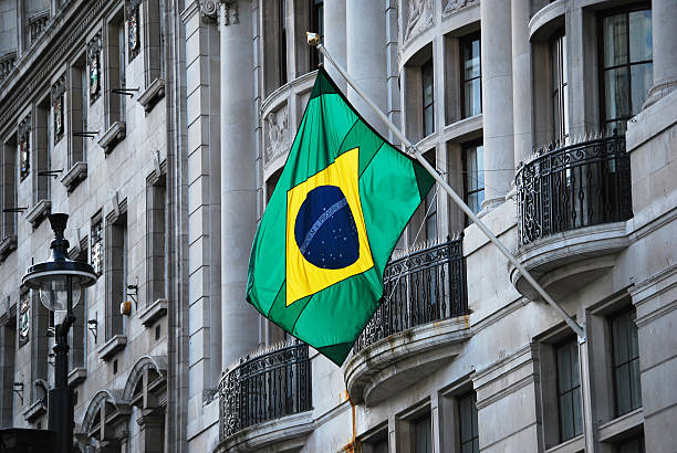 Brazilian flag Brazilian flag photographed in central London, UK embassy photos stock pictures, royalty-free photos & images