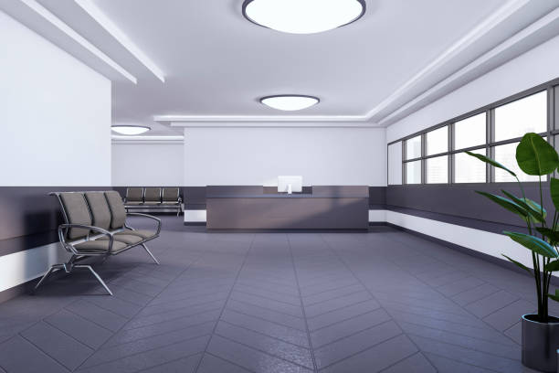 istock Waiting area in bright interior with concrete flooring, seats and plants. 3D Rendering. 1646435482