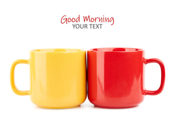 istock Colored cups for coffee and tea on a white background. Place for your text. 1646436057
