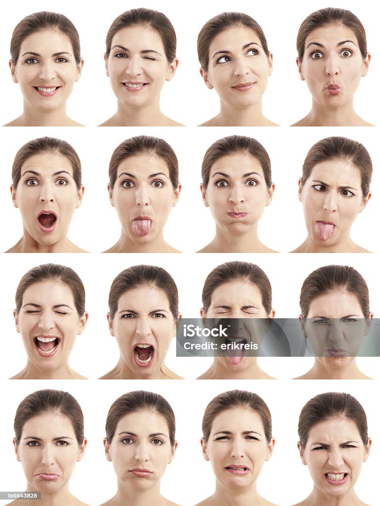 Multiple faces expressions Multiple close-up portraits of the same woman expressing different emotions and expressions Multiple Image Stock Photo