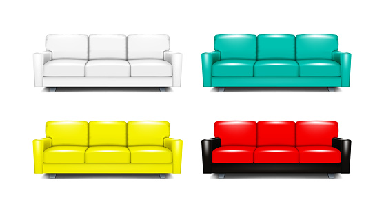 Modern sectional sofa. White and color leather couch set. Settee with cushions. Realistic vector illustration. Easy editable colors