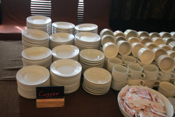 istock Coffee plates and cups are neatly arranged on the table 1646440390
