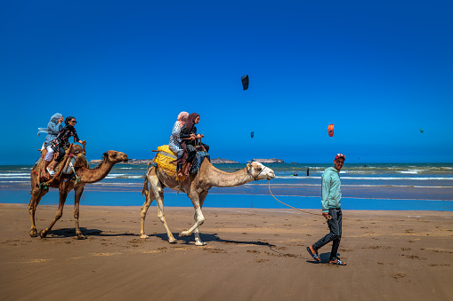 Essaouira, Marocco - 3 agosto 2023: Tourists accompanied by a guide in the classical camel ride at the beach.