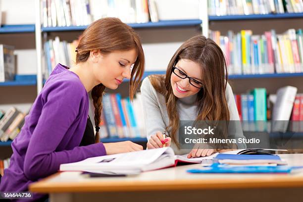 Two Female Students In A Library Stock Photo - Download Image Now - Adult, Book, Cheerful