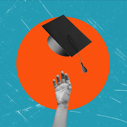 Modern art collage. Man throwing his graduation cap, taking exams at university, doing projects. Concept of education, student lifestyle, artwork and advertising