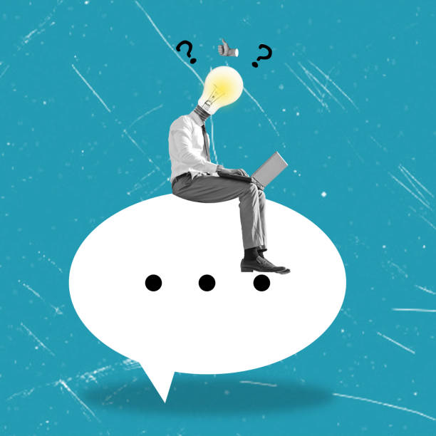 istock Art collage, a man with a laptop and a light bulb on his head sitting on a message. 1646450753