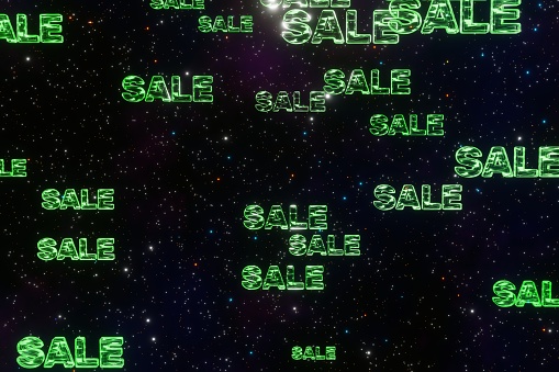 Green words sale on space cyberpunk background 3d render. Discount falling satisfying. Big sale, discount, black friday, shopping mall or coming soon concept.