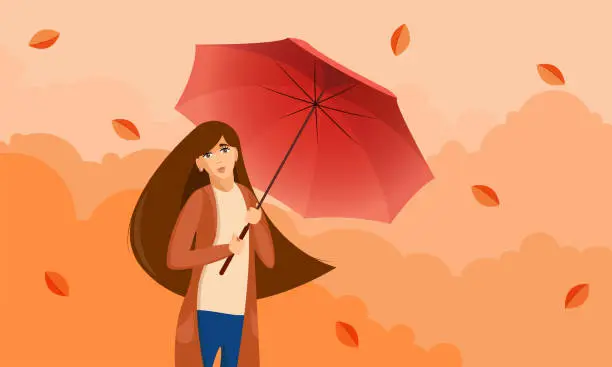 Vector illustration of Illustration of a young girl with an umbrella. Autumn mood. Autumn depression. Leaves fall on a girl with a red umbrella.