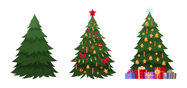 크리스마스 전나무입니다. 만화는 녹색 크리스마스 트리를 장식했습니다. 겨울 휴가 플랫 벡터 일러스트레이션 세트입니다. 크리스마스 전나무 컬렉션 - christmas tree stock illustrations