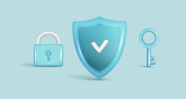 istock Set of realistic 3d glossy security safe icon with checkmark, padlock, key. Customer 3d cartoon guaranteed protection symbol, quality protected shield emblem. Vector illustration on blue background 1646477297
