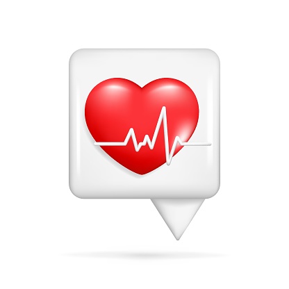 Realistic 3d speech bubble, red heart, pulse line, heartbeat. 3d cardiogram, cardio sign, diagnostic health, pulse beat measure, medical healthcare. Vector illustration isolated on white background