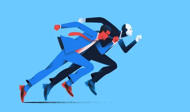 Vector illustration of Man in suit and robot running a race illustration