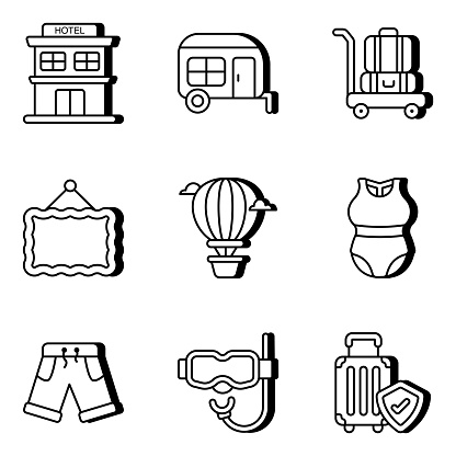 Get travel icons art in high quality. These vectors offer the design with editable quality of your choice. Hence is ready to use in a variety of graphic branding projects.