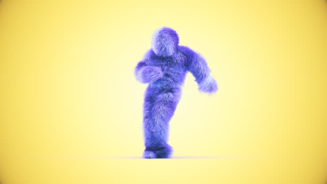 3d Hairy Monster Movie Character Blue Feathered HipHop Dance style on Yellow background 4K Apple Prores