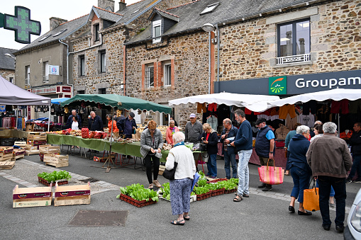 Pléneuf Val André, France, August 29, 2023 - Weekly market at Place Nantois in Pléneuf Val André, Côte du Goëlo, France, Brittany.