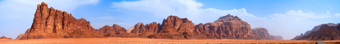 Panorama of T E Lawrence's Seven Pillars of Wisdom, taken in the Wadi Rum desert, Jordan