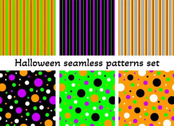 Vector illustration of Set of Halloween seamless vector patterns in neon orange, black, green, purple. Textile, wrapping