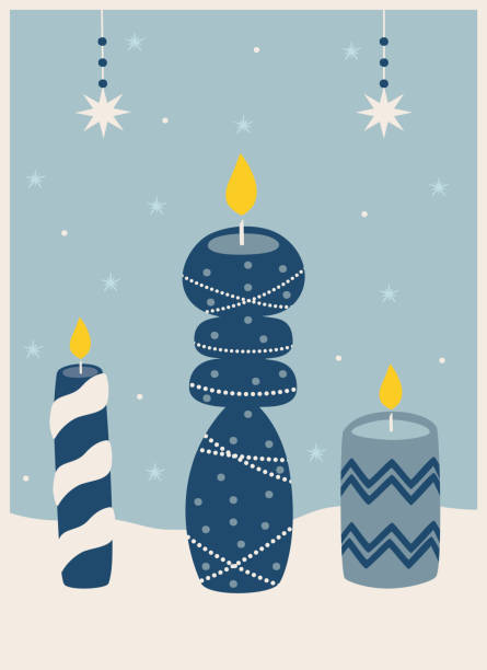青い色調のクリスマスキャンドルとテキスト付きの冬のグリーティングカード - christmas backgrounds glitter star shape点のイラスト素材／クリップアート素材／マンガ素材／アイコン素材