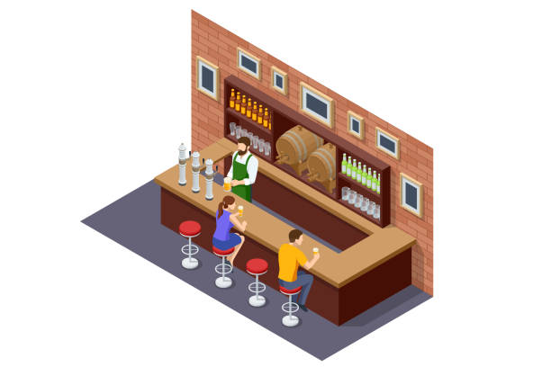 ilustrações de stock, clip art, desenhos animados e ícones de isometric beer bar counter. interior of pub or bar. beer bar, the bartender pours beer, guests sit at the bar. - bar bar counter pub beer