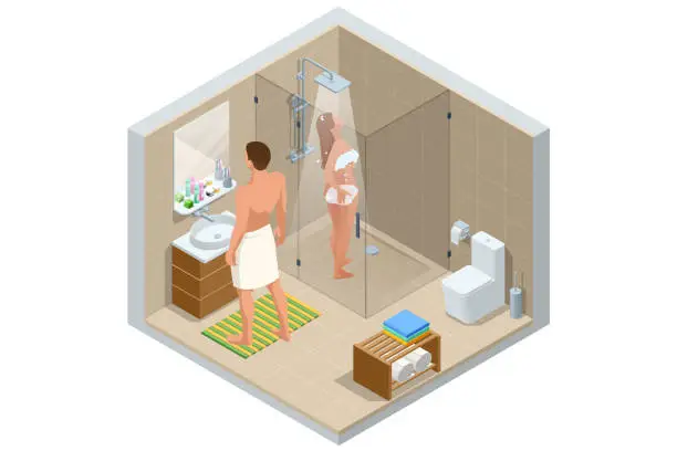 Vector illustration of Isometric modern bathroom interior with a white toilet, mirror, sink, and shower cabin. Woman bathes in the shower, man in the bathroom