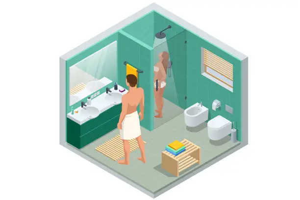Vector illustration of Isometric modern bathroom interior with a white toilet, mirror, sink, and shower cabin. Woman bathes in the shower, man in the bathroom