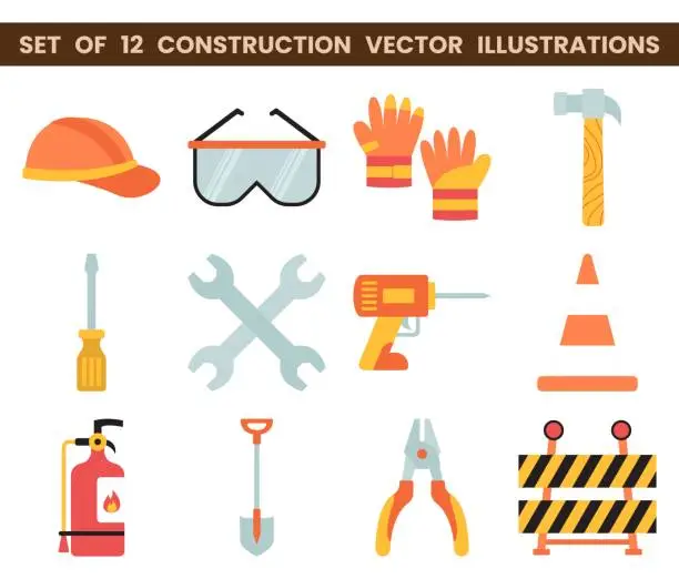 Vector illustration of Set of 12 construction vector illustrations. Vector illustration with construction theme. Labor.