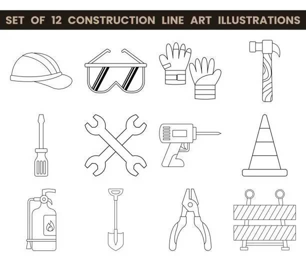 Vector illustration of Set of 12 construction line art illustrations. Vector illustration with construction theme. Labor.