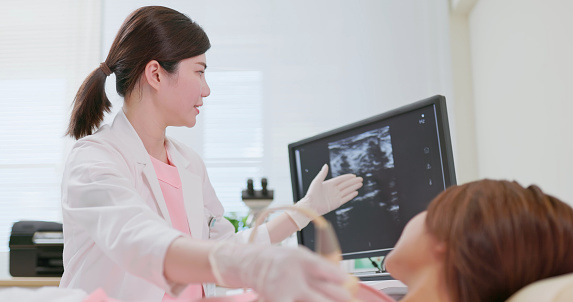 Professional asian gynecologist doctor performing breast examination for her patient using ultrasound scanner medicine - healthcare cancer awareness checkup clinic procedure