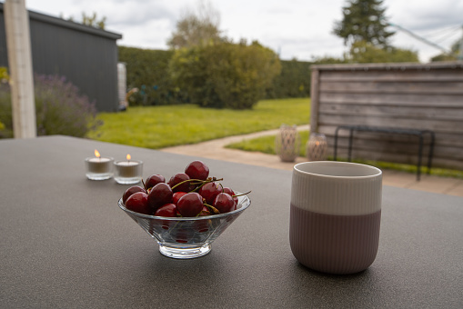 Coffee cup and red cherries on grey table overviewing a green flourishing garden.