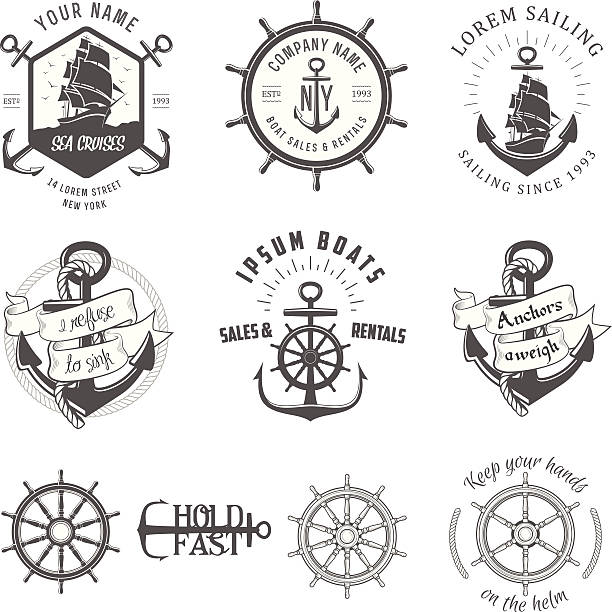 ilustrações, clipart, desenhos animados e ícones de ilustração vetorial de ícones de náuticos antigos label - helm nautical vessel sailing ship sailing
