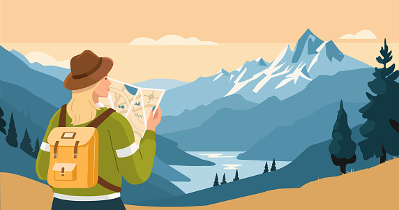 Adventure tourism and travel concept. Woman traveler with backpack standing on the top of hiking trail, holding map and looking at the mountains landscape. Vector illustration.
