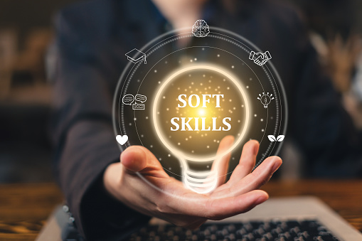 Concept of Soft skills talent. Job hiring and career search for. Self motivation, development, improvement and achievement. Soft skill strategy ability analysis. Growth mind set of employee. Team work