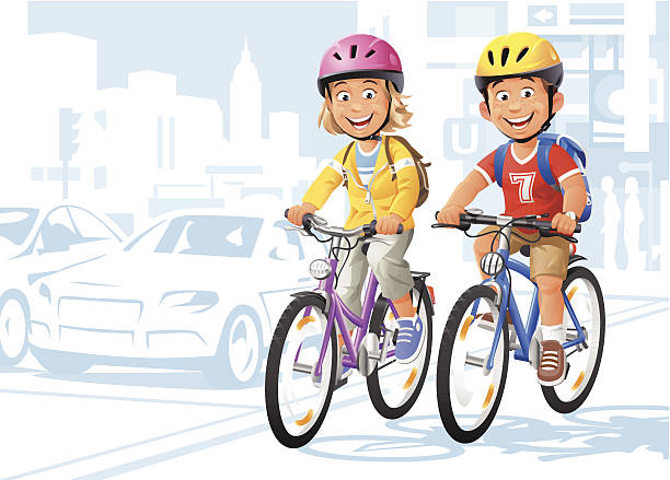City Bikers A girl and a boy with cycling helmets and a backpack riding their bikes in traffic. EPS 8, fully editable, grouped and labeled in layers. bicycle cycling school child stock illustrations