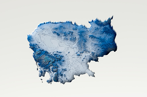 3d Deep Blue Water Cambodia Map Shaded Relief Texture Map On White Background 3d Illustration\nSource Map Data: tangrams.github.io/heightmapper/,\nSoftware Cinema 4d