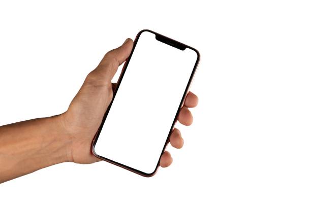 istock Black male hand holding smartphone with blank screen on white 1646555791
