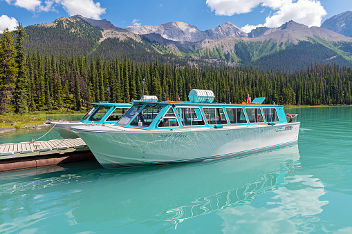 Maligne Lake cruise boat on the Spirit Island dock, Jasper national park, Alberta, Canada.